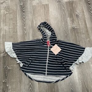 NWT Paper Wings Fleece Hooded Poncho Black/Grey Marle-Stripe with Ruffle Sleeves